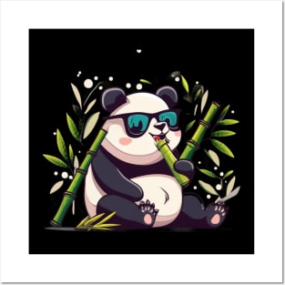 cute Panda Eating Bamboo Wear sanglasses Posters and Art